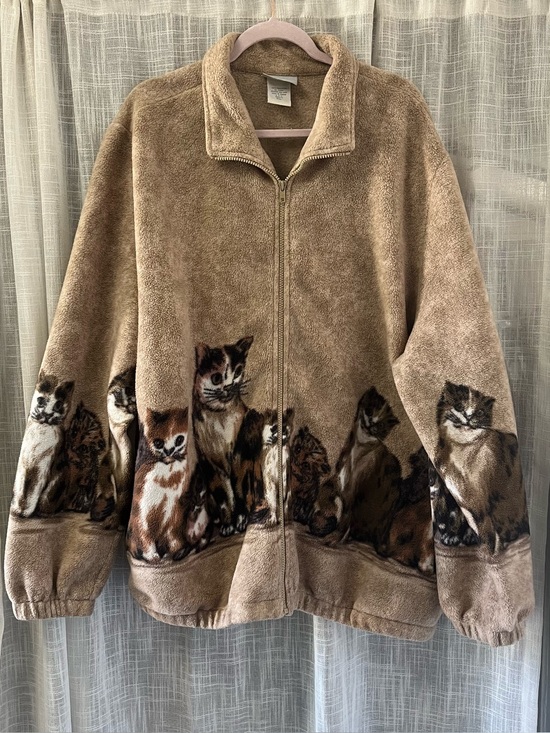 Blair Jackets & Blazers - Vintage Blair Cat Print Full Zip Up Fleece Jacket Size 2XL Brown Cat Fleece Zip